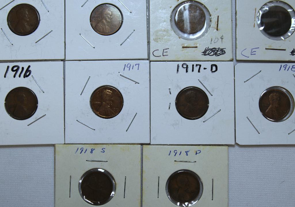 1909,1909VDB,(2)1910,1916,1917,1917D,1918,1918D,1918S Wheat Cents