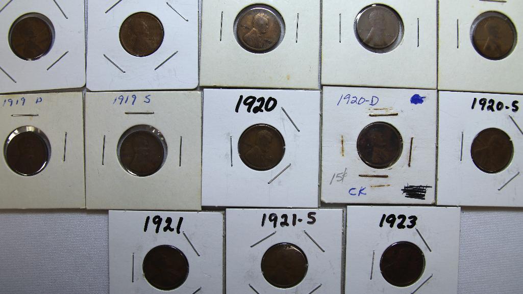 1916,1917,1918,1918D,1919,1919D,1919S,1920,1920D,1920S,1921,1921S,1923 Wheat Cents