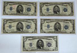 (5) 1934D $5 Blue Seal Silver Certificates