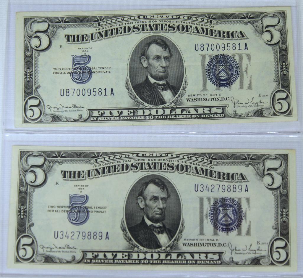 (2) 1934D $5 Blue Seal Silver Certificates