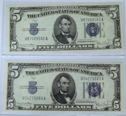 (2) 1934D $5 Blue Seal Silver Certificates