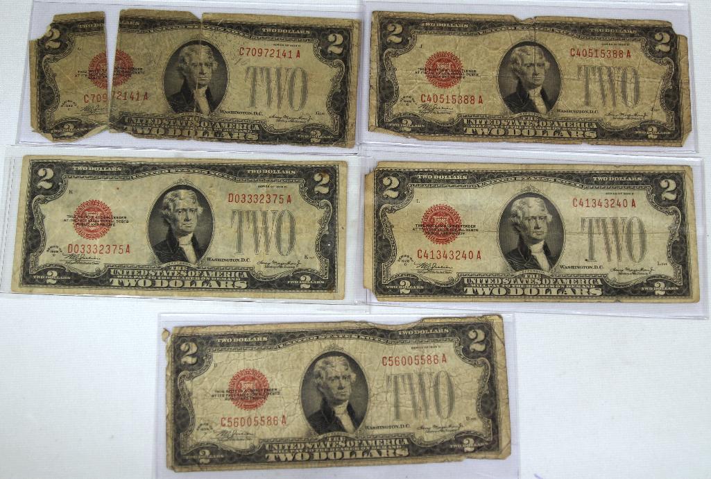 (5) 1928 Series $2 Red Seal Notes, Heavy Damage on One