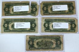 (5) 1928 Series $2 Red Seal Notes, Heavy Damage on One