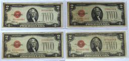 (4) 1928 Series $2 Red Seal Notes