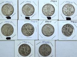 (2)1942,(6)1942D,(2)1942S Walking Liberty Half Dollars