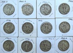 (2)1944S,(2)1945S,(4)1946,(3)1946S,1947D Walking Liberty Half Dollars