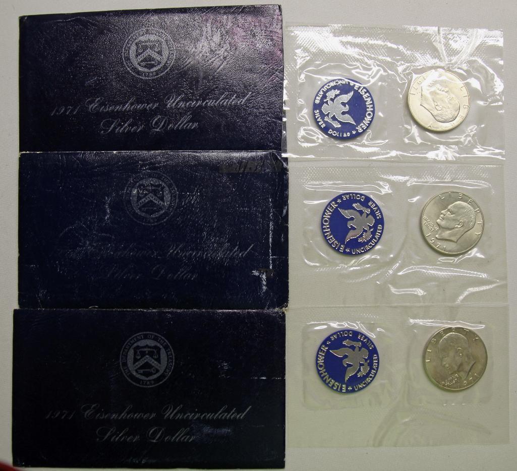 U.S. Mint (3) Blue Envelope 1971 Eisenhower Uncirculated Silver Dollars