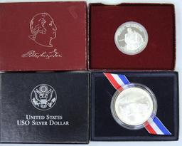 1982 George Washington Commemorative Half Dollar Proof and 1991 USO Commemorative Dollar - 90%