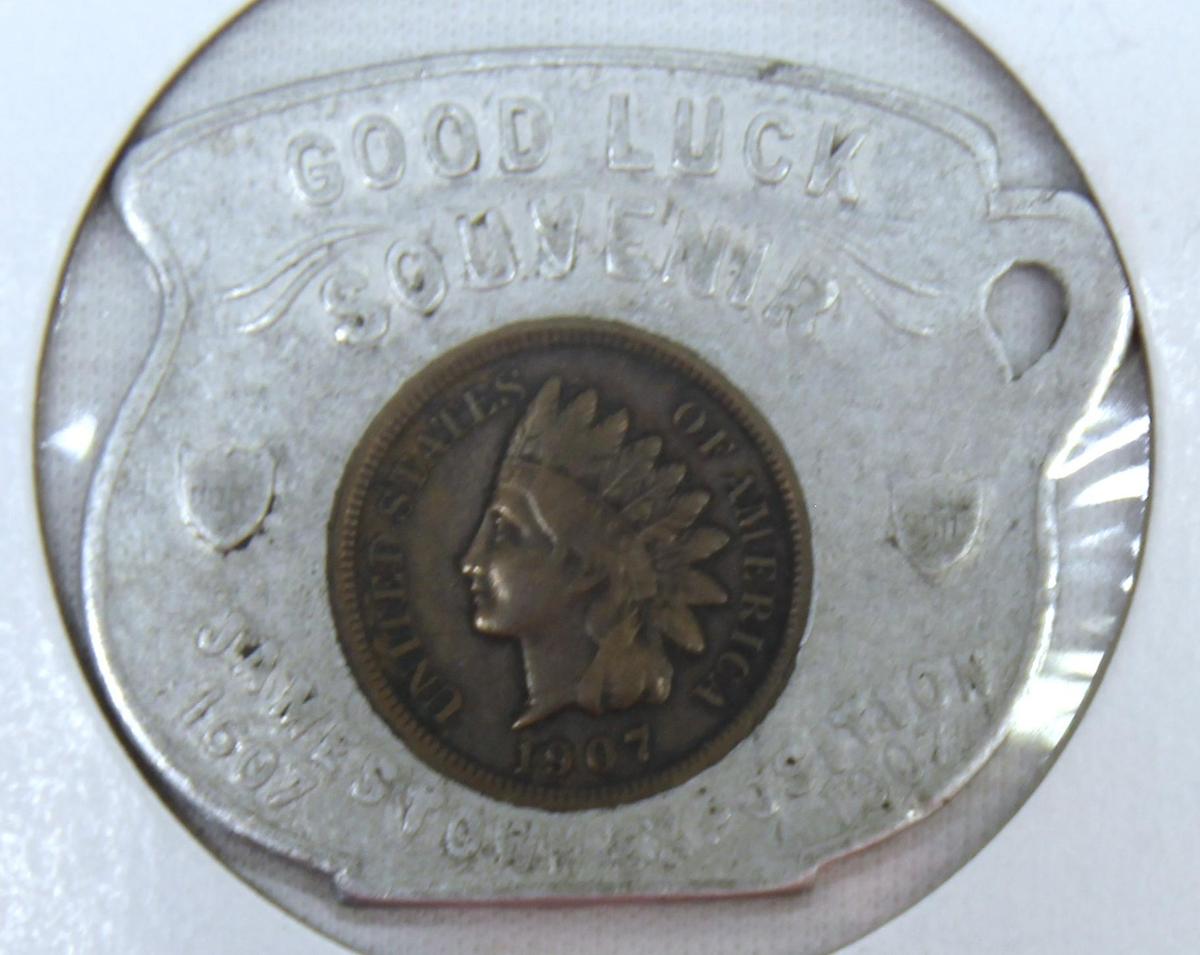 1907 Indian Head Cent in Good Luck Souvenir Holder