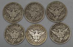 6 Barber Half Dollars - 1904, 1911 S, 2 1915 D, 2 1915 S