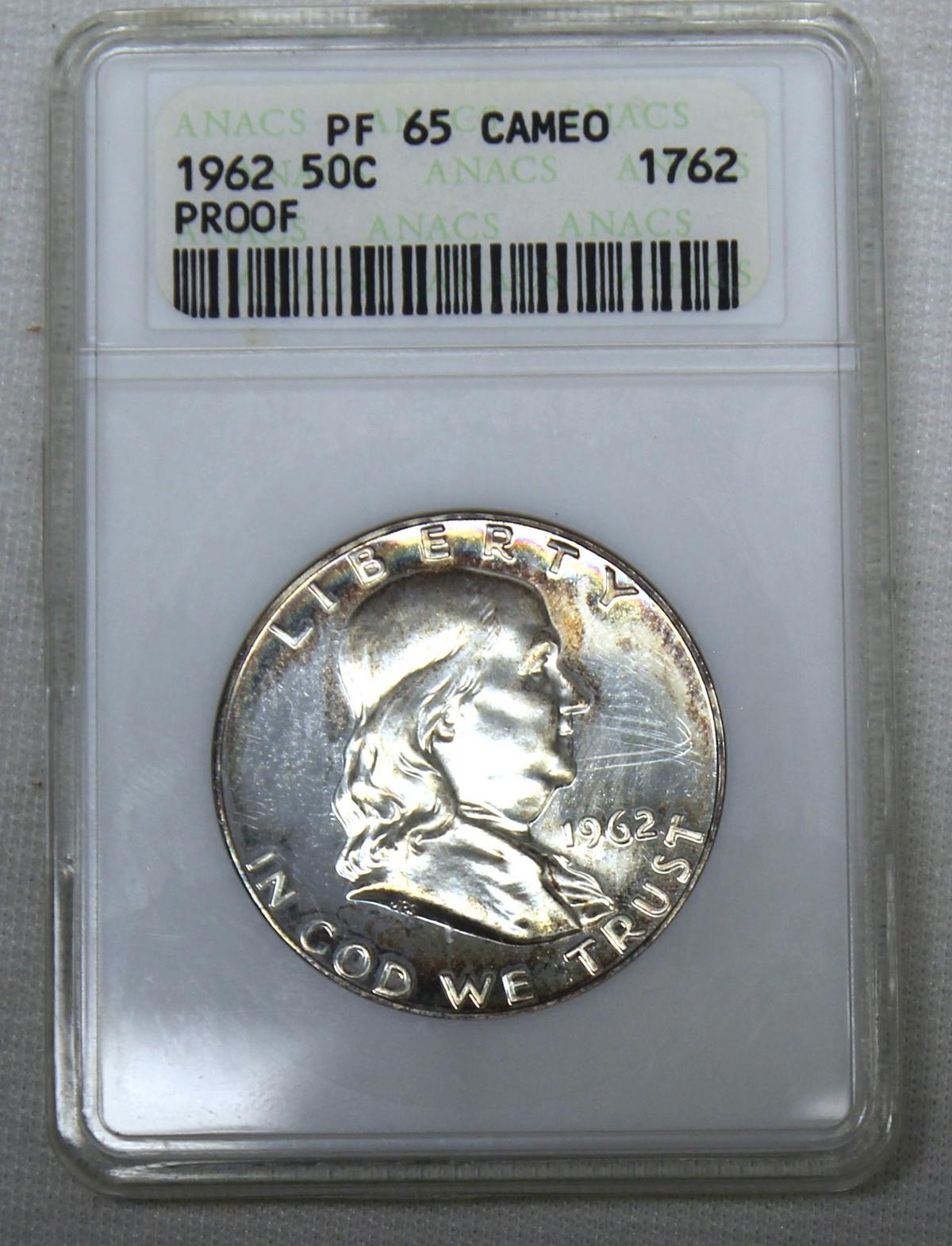 1962 Franklin Half Dollar Proof Slab ANACS PF65 Cameo