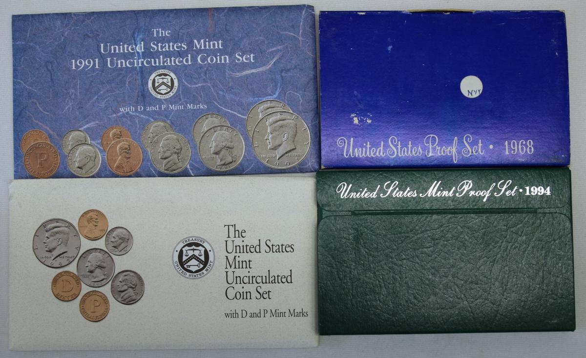 1968 U.S. Mint Proof Set, 1994 U.S. Mint Proof Set, 1991 and 1992 U.S. Mint Uncirculated Sets