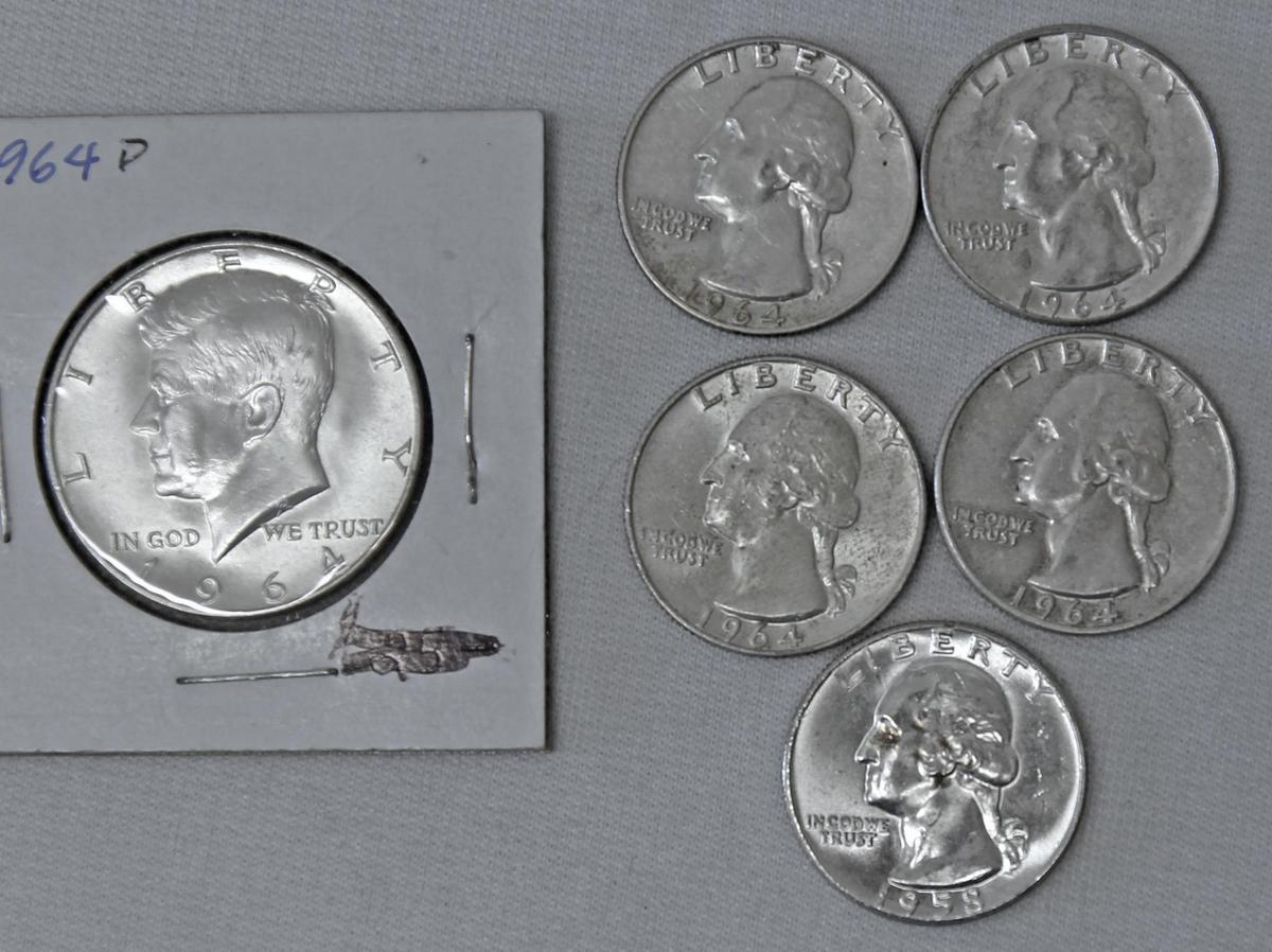 1958 Washington Quarter, 4 1964 Washington Quarters, 1964 D Kennedy Half Dollar