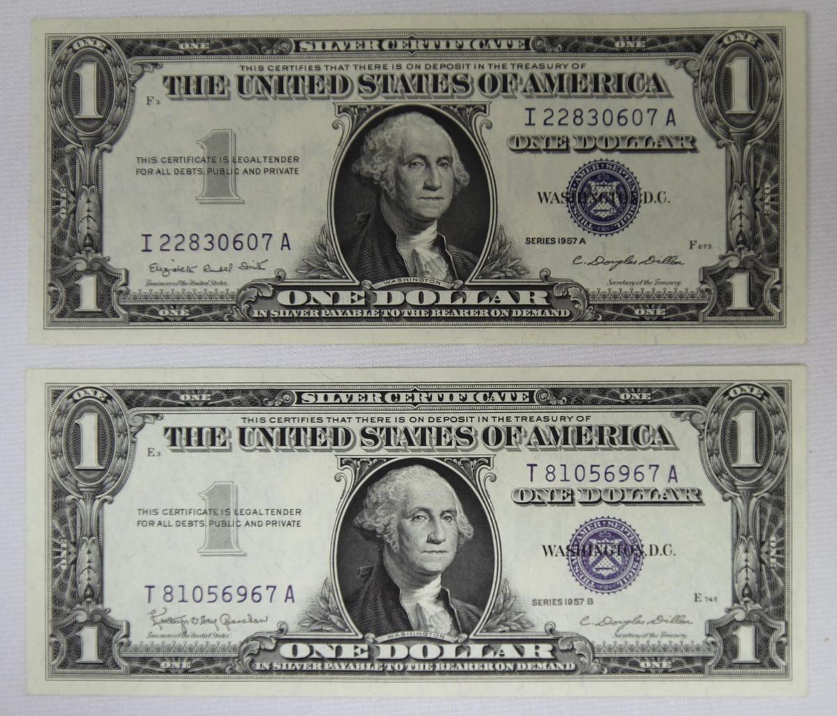 1957 A and 1957 B One Dollar Blue Seal Silver Certificates