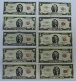 10 1953 Two Dollar Red Seal Notes