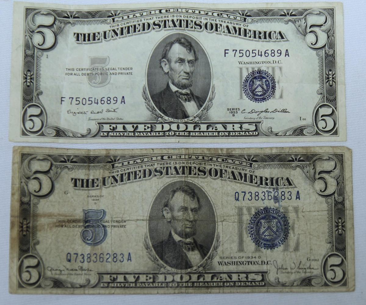 1934 D and 1953 B Five Dollar Silver Certificates