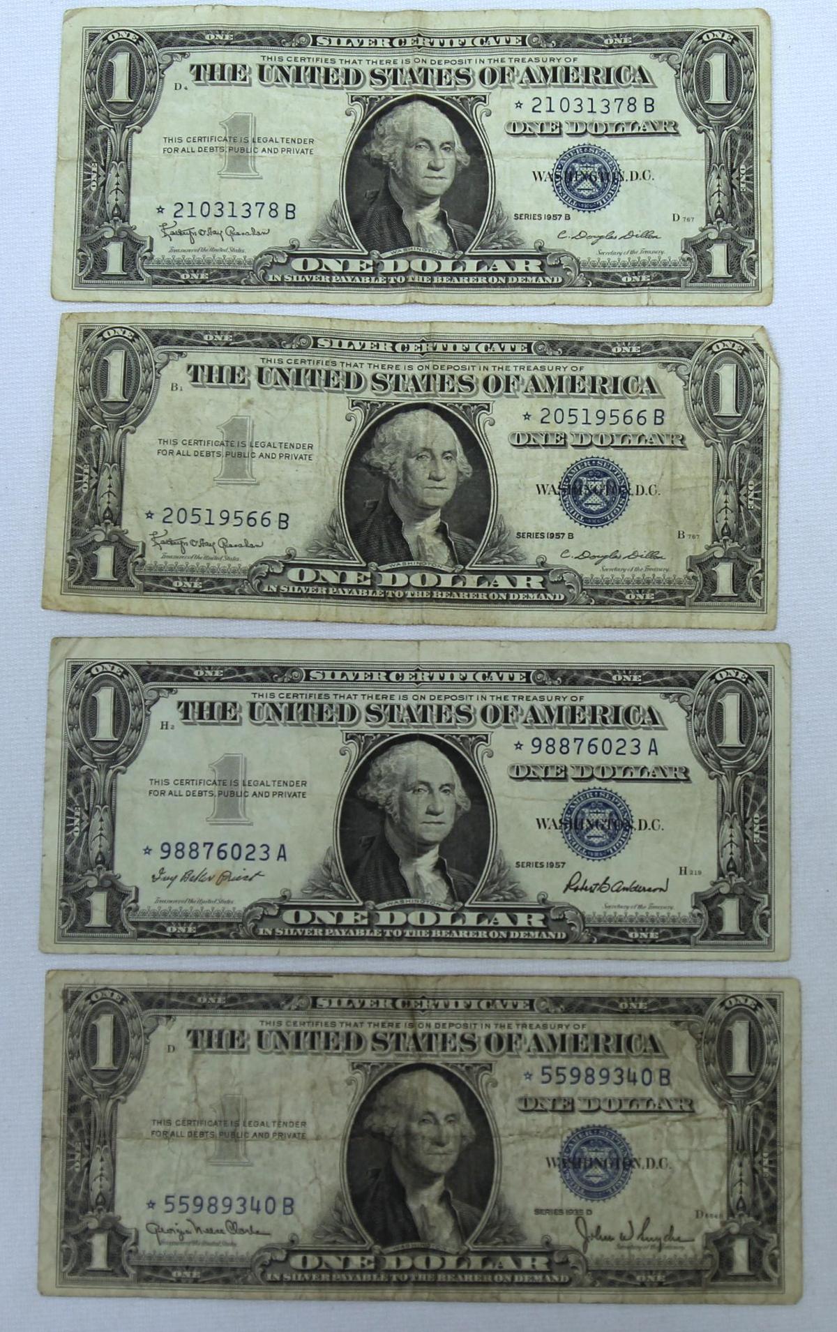 4 One Dollar Star Note Silver Certificates - 1935 D, 1957, 2 1957 B