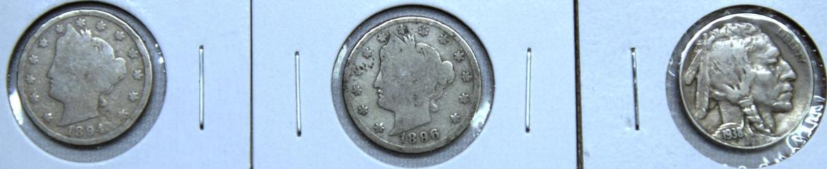 1894, 1896 Liberty Head Nickels and 1938 D Buffalo Nickel