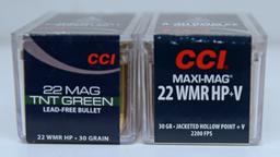 Full Box C-C-I Ammunition .22 Mag. TNT Green Hollow Point Cartridges and Full Box C-C-I .22 WMR HP