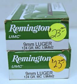 2 Full Boxes Remington Ammunition 9 mm Luger 124 gr. Cartridges