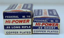 2 Different Full Vintage Boxes Federal Hi-Power Ammunition - .22 LR and .22 Short Cartridges