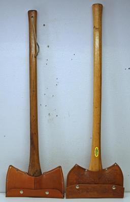 Plumb Double Bit Axe 36" Handle, Collins Double Bit Axe 35" Handle - Both have Leather Sheaths