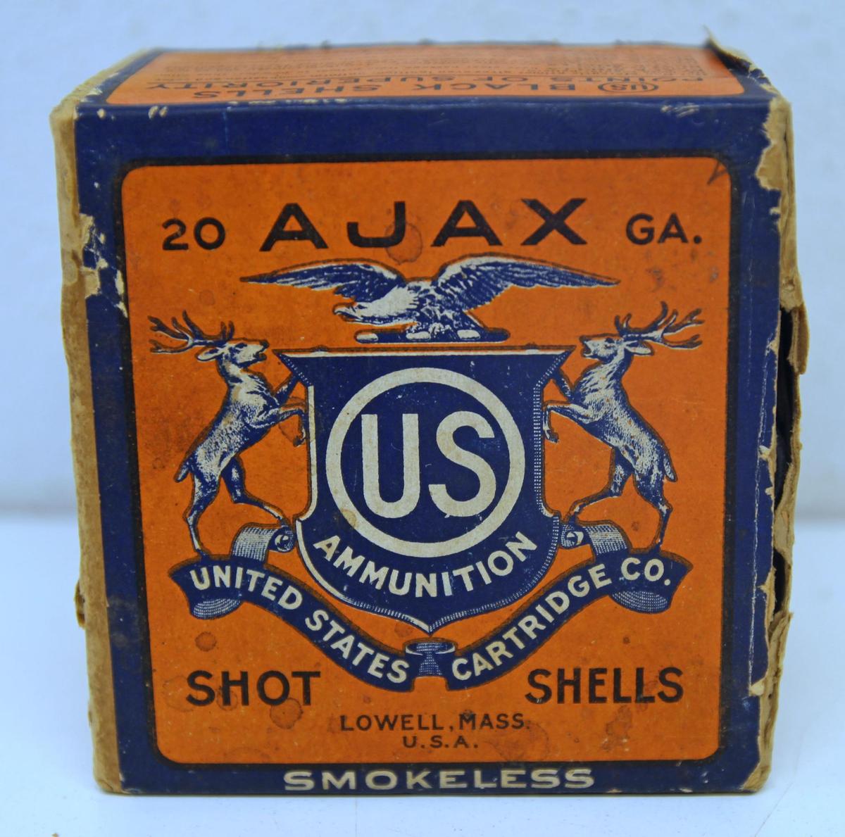 Full Vintage Two Piece Box U.S. Cartridge Co. Ammunition Ajax The Black Shells 20 Ga. Paper