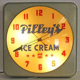 Pilley's Ice Cream Light Up Advertising Clock and 3 Gallon Pilley's Ice Cream Tub, Works Great,