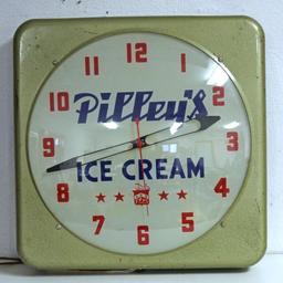 Pilley's Ice Cream Light Up Advertising Clock and 3 Gallon Pilley's Ice Cream Tub, Works Great,