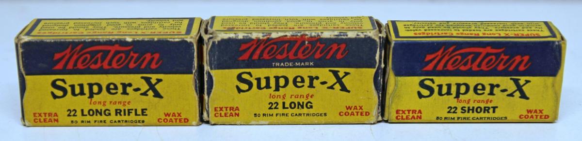 3 Different Vintage Boxes Western Super-X .22 Cartridges Ammunition - .22 Short, .22 Long, .22 LR...