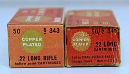 2 Different Full Vintage Boxes Sears Copper Plated .22 Cartridges Ammunition - .22 Long,, .22 LR...