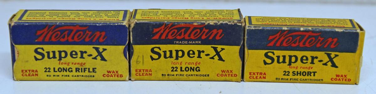 3 Different Vintage Boxes Western Super-X .22 Cartridges Ammunition - .22 Short, .22 Long, .22 LR