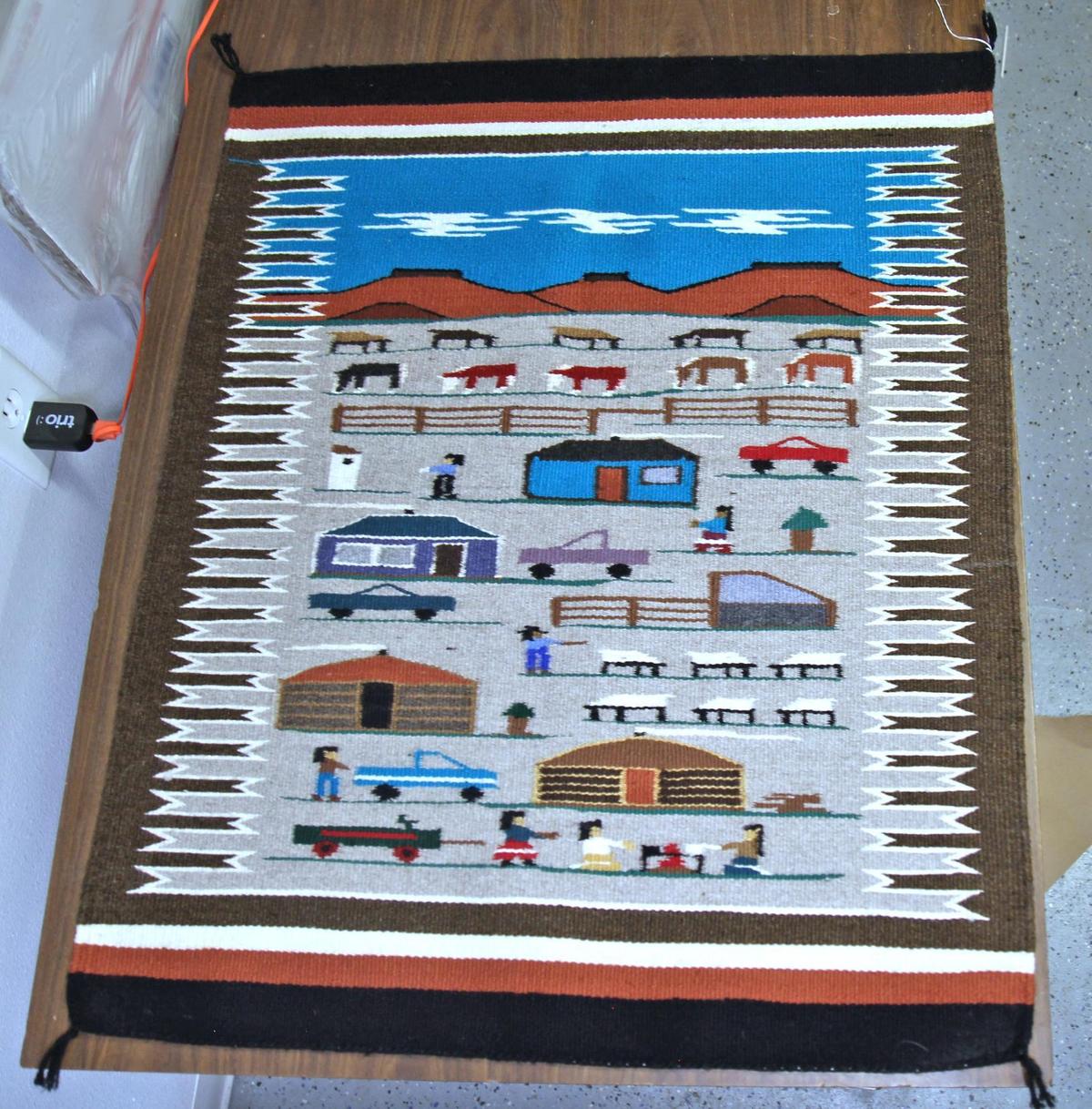 Navajo Woven Rug Depicts Livestock, Cowboys, Cowgirls, Ranch, Cabins, and Trucks, 28 1/2" x 34"...