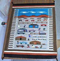 Navajo Woven Rug Depicts Livestock, Cowboys, Cowgirls, Ranch, Cabins, and Trucks, 28 1/2" x 34"...