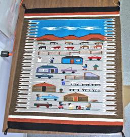 Navajo Woven Rug Depicts Livestock, Cowboys, Cowgirls, Ranch, Cabins, and Trucks, 28 1/2" x 34"...