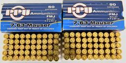 100 Rounds Of PPU 7.63 Mauser Ammunition
