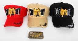 (3) New Embroidered Ball Caps "Cowboy" & Buckle