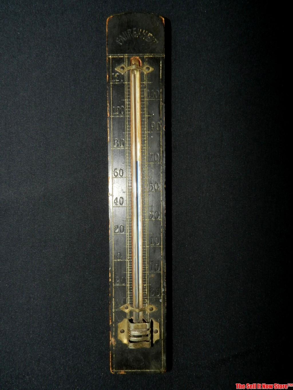 Antique Black Painted Wood German Thermometer