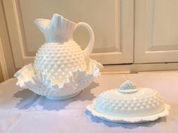 Fenton hobnail butter dish / bowl and pitcher