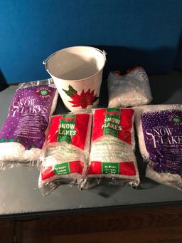 5 Bags of Snow Flakes and Tin Christmas Bucket