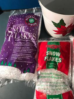 5 Bags of Snow Flakes and Tin Christmas Bucket