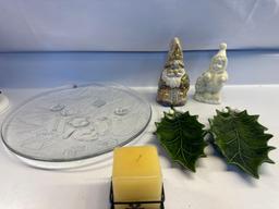 Christmas Glass Platter, Leaf Candy Dishes, Snowman Figurine, Etc