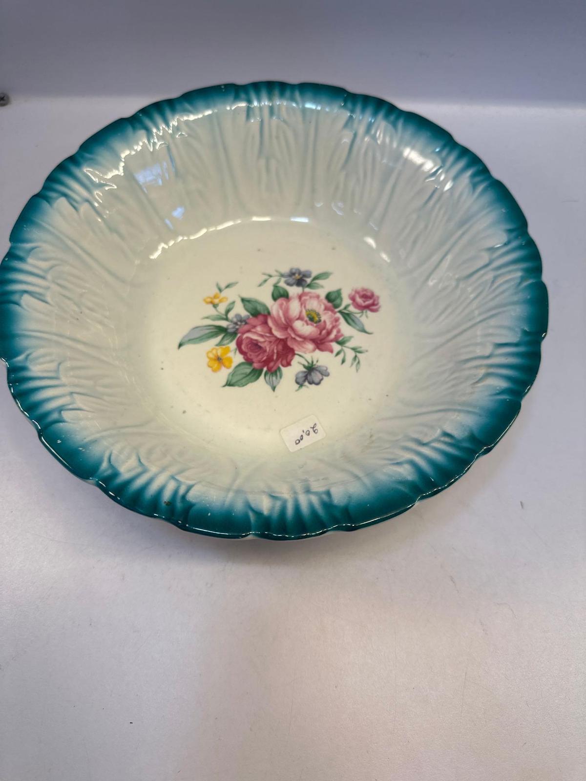 Vintage Homer Laughlin Serving Bowl 9 Inches Blue Trim Floral Ceramic