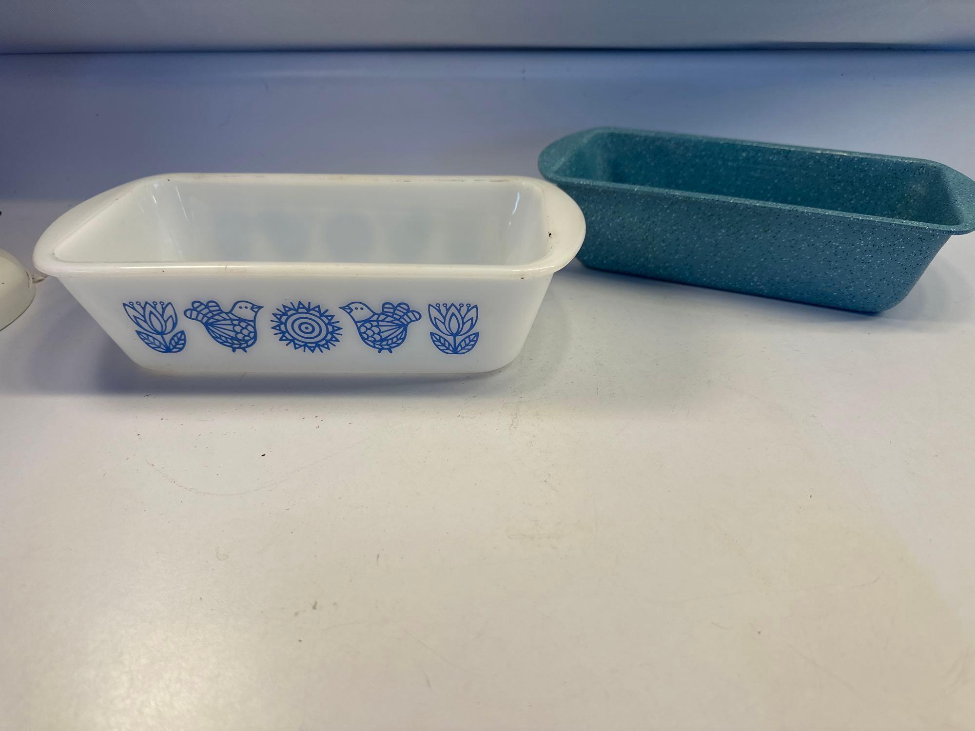 Vintage Glasbake 1.5 Quart Loaf Pan Blue Birds and Flowers/ Enamel Loaf Pan