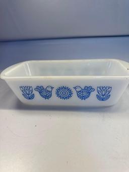 Vintage Glasbake 1.5 Quart Loaf Pan Blue Birds and Flowers/ Enamel Loaf Pan