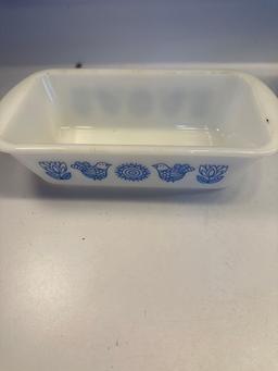 Vintage Glasbake 1.5 Quart Loaf Pan Blue Birds and Flowers/ Enamel Loaf Pan