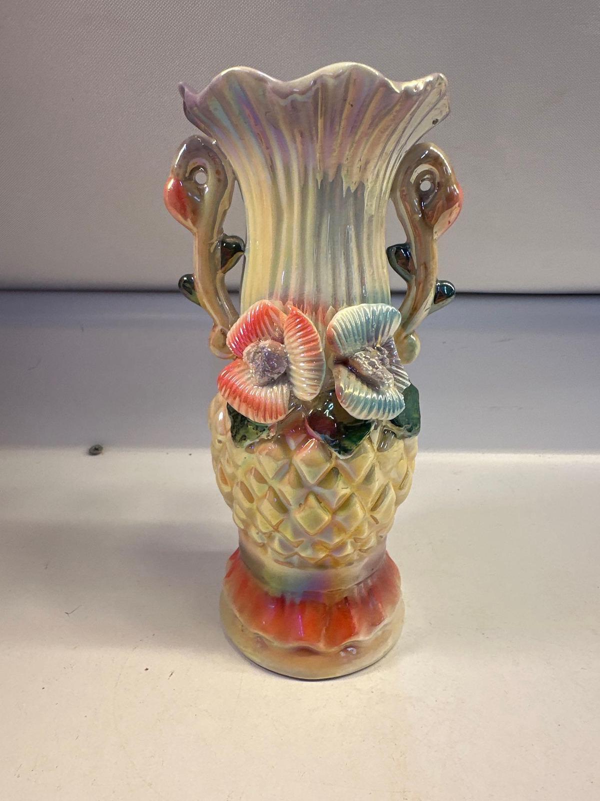 Vintage Pearlscent Floral Multicolor Vase 8 x 4 Inches