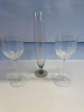 2 Glass Stem Glasses/ 1 Etched Flower Glass Vase