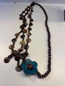 Long Layered Coconut Shell Wood Necklace