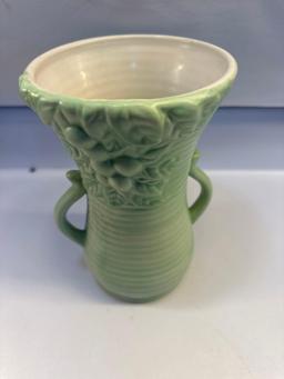 Vintage Pottery Vase In Light Green Ribbed Fruit